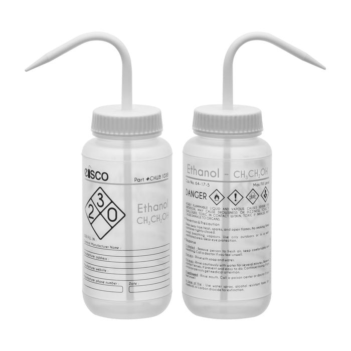 Wash Bottle for Ethanol, 500ml - Labeled with Color Coded Chemical & Safety Information (2 Color)  - Wide Mouth, Self Venting, Low Density Polyethylene - Eisco Labs