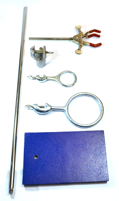 6 Piece Set - Rectangular Retort Stand, Rod, Clamp & Ring Set