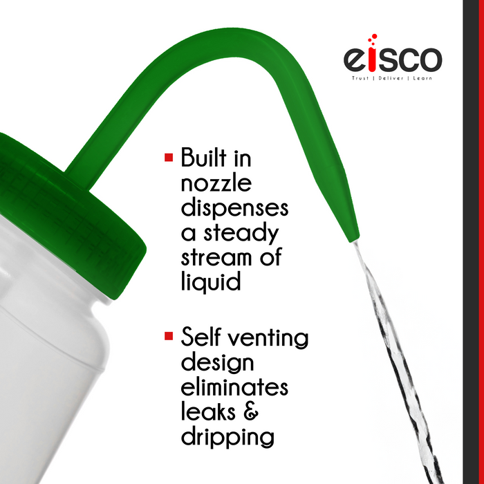Wash Bottle for Methanol - Labeled with Color Coded Chemical & Safety Information - Wide Mouth, Self Venting, Polypropylene - Performance Plastics by Eisco Labs