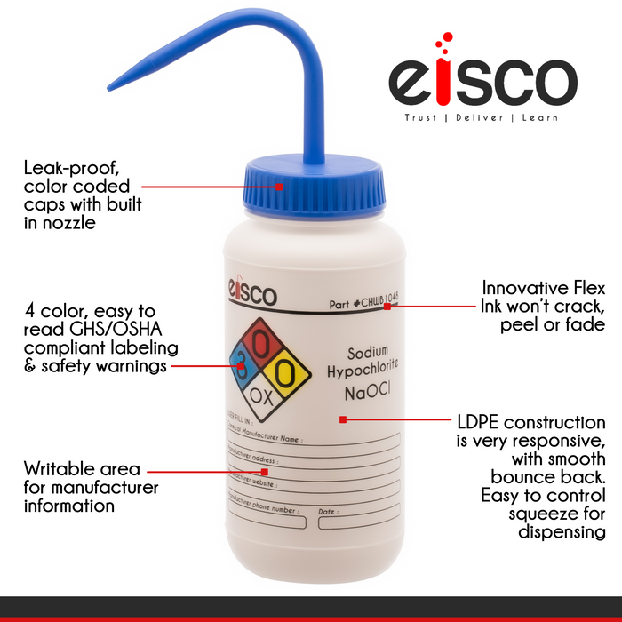 6PK Wash Bottle for Sodium Hypochloride (Bleach), 500ml - Labeled with Color Coded Chemical & Safety Information (4 Colors) - Wide Mouth, Self Venting, Low Density Polyethylene - Eisco Labs
