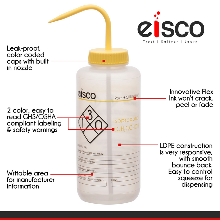Wash Bottle for Isopropanol, 500ml - Labeled with Color Coded Chemical & Safety Information (2 Color)  - Wide Mouth, Self Venting, Low Density Polyethylene - Eisco Labs