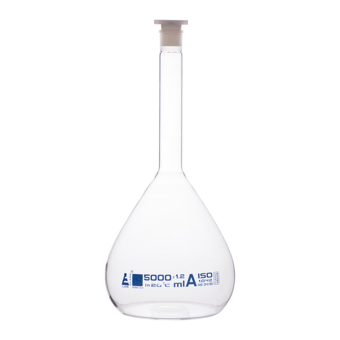 Volumetric Flask, 5000ml - Class A - 34/35 Polyethylene Stopper, Borosilicate Glass - Blue Graduation, Tolerance ±1.200