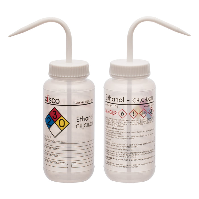 Wash Bottle for Ethanol, 500ml - Labeled with Color Coded Chemical & Safety Information (4 Colors) - Wide Mouth, Self Venting, Low Density Polyethylene - Eisco Labs