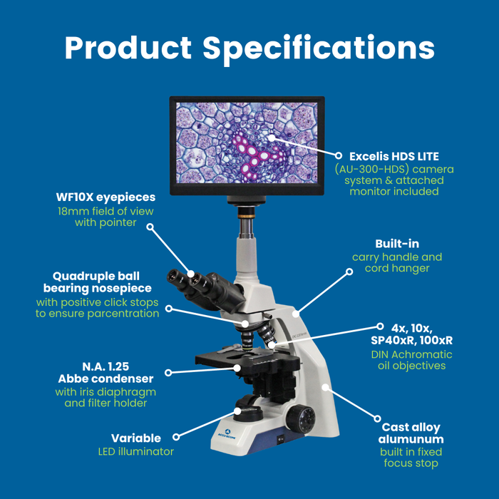 Digital Microscope with Camera & Monitor, EXC-123-HD - Trinocular Head, 40-1000X Magnification - 1080p HD Resolution - 5 MP Image & 15 FPS Video Capture - HDMI/USB 2.0 Outputs