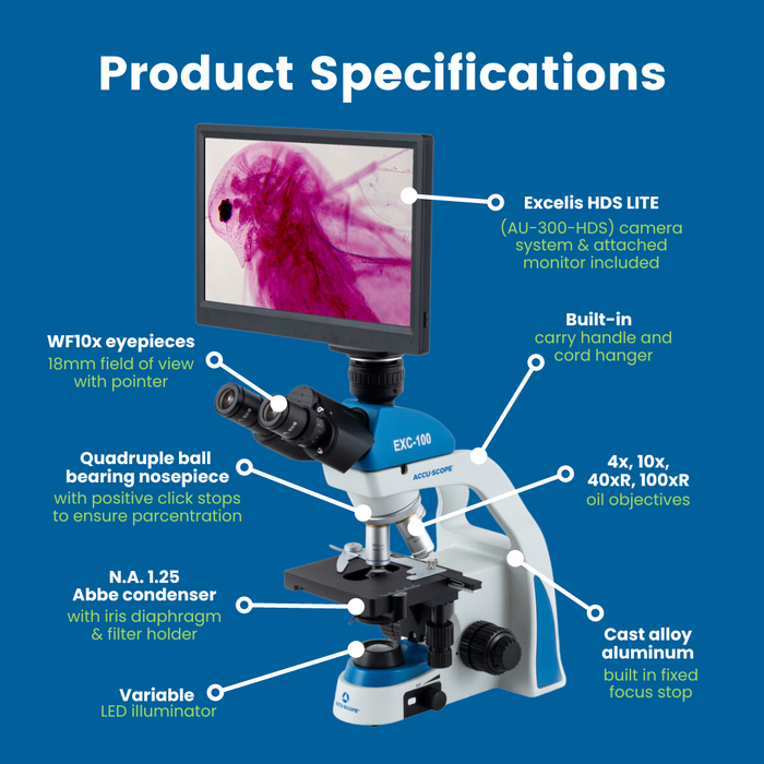 Digital Microscope with Camera & 11.6" LCD Monitor, EXC-103-HDS - Trinocular Head, 40-1000X Magnification, Cordless LED Illumination - 1080p Resolution - 5 MP Image & 15 FPS Video Capture - HDMI/USB 2.0 Outputs