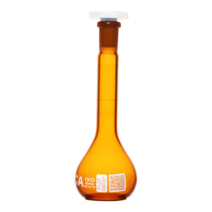 Eisco Amber Volumetric Flask, 25mL - Class A - Borosilicate Glass, Polyethylene Stopper, 10/19 Socket - QR Code Marking for Calibration Certificate