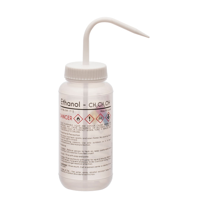 Wash Bottle for Ethanol, 500ml - Labeled with Color Coded Chemical & Safety Information (4 Colors) - Wide Mouth, Self Venting, Low Density Polyethylene - Eisco Labs