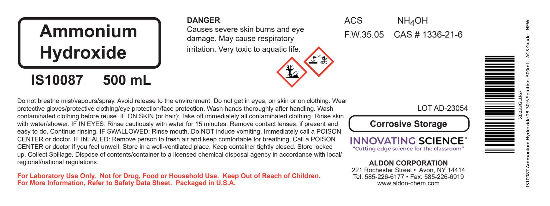 Ammonium Hydroxide 28-30%, 500mL - ACS Grade - The Curated Chemical Collection
