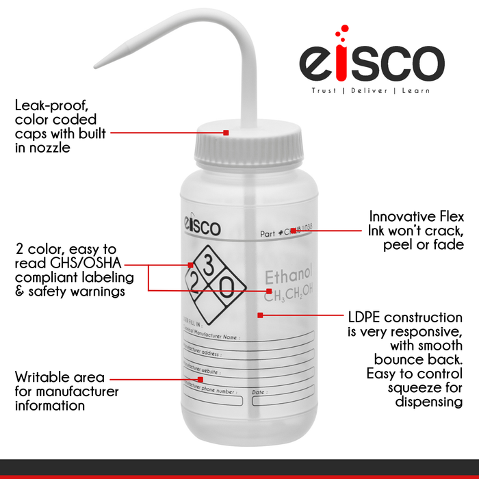 Wash Bottle for Ethanol, 500ml - Labeled with Color Coded Chemical & Safety Information (2 Color)  - Wide Mouth, Self Venting, Low Density Polyethylene - Eisco Labs