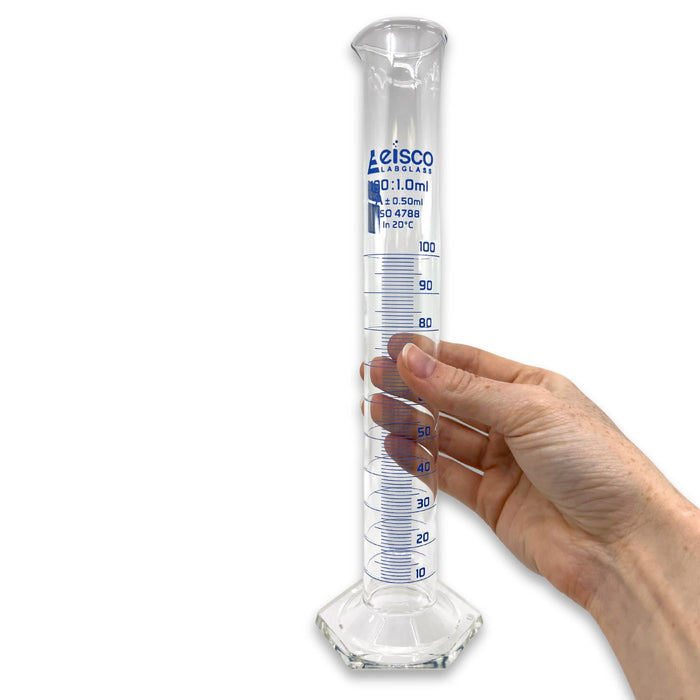 Eisco Labs - 100mL Measuring Cylinder - Tolerance ±0.50mL - Class A Graduated Cylinder - Calibrated TC - Hexagonal Base - Blue Graduations - Batch Work Certificate QR Code - Boro 3.3 Glass