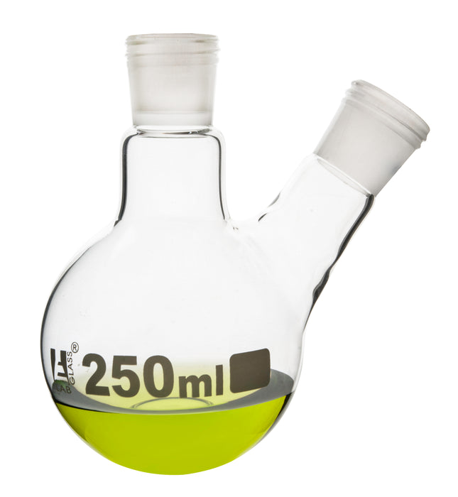 Distillation Flask with 2 Necks, 250ml - 24/29 Joint Size - Round Bottom, Interchangeable Screw Thread Joints - Borosilicate Glass - Eisco Labs