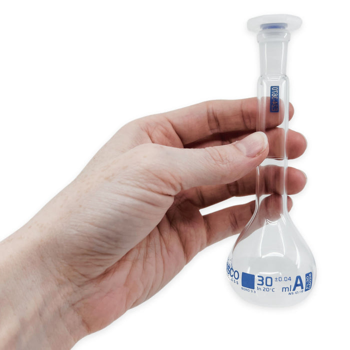 Eisco Labs - 30mL Class A Volumetric Flask, NS 10/19 Stopper, Polyethylene Stopper, Borosilicate Glass, with Individual Work Certificate for Analytical Chemistry, Pharmaceutical, and Lab Use