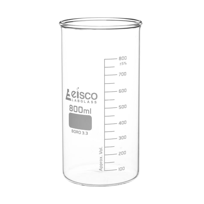Eisco 6PK Tall Form Beakers Without Spout, 800mL - Graduated - Borosilicate Glass - Berzelius Beaker