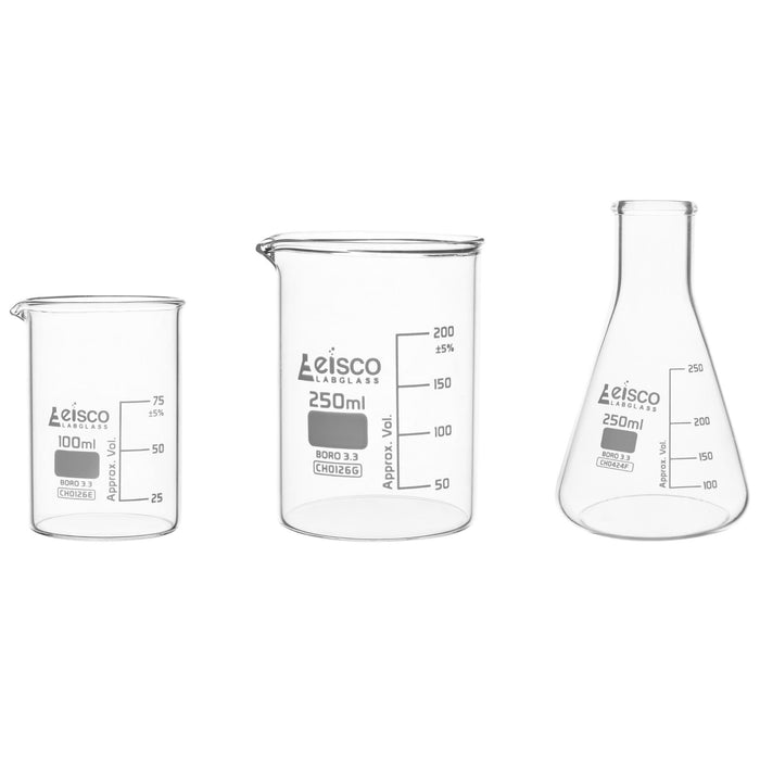 Eisco Labs - Glass Titration Set - 100mL & 250mL Beakers, 50mL & 100mL Graduated Cylinders, 250mL Erlenmeyer Flask, 50mL Burette - High-Quality Glassware for Titration Experiments - Glass Kit