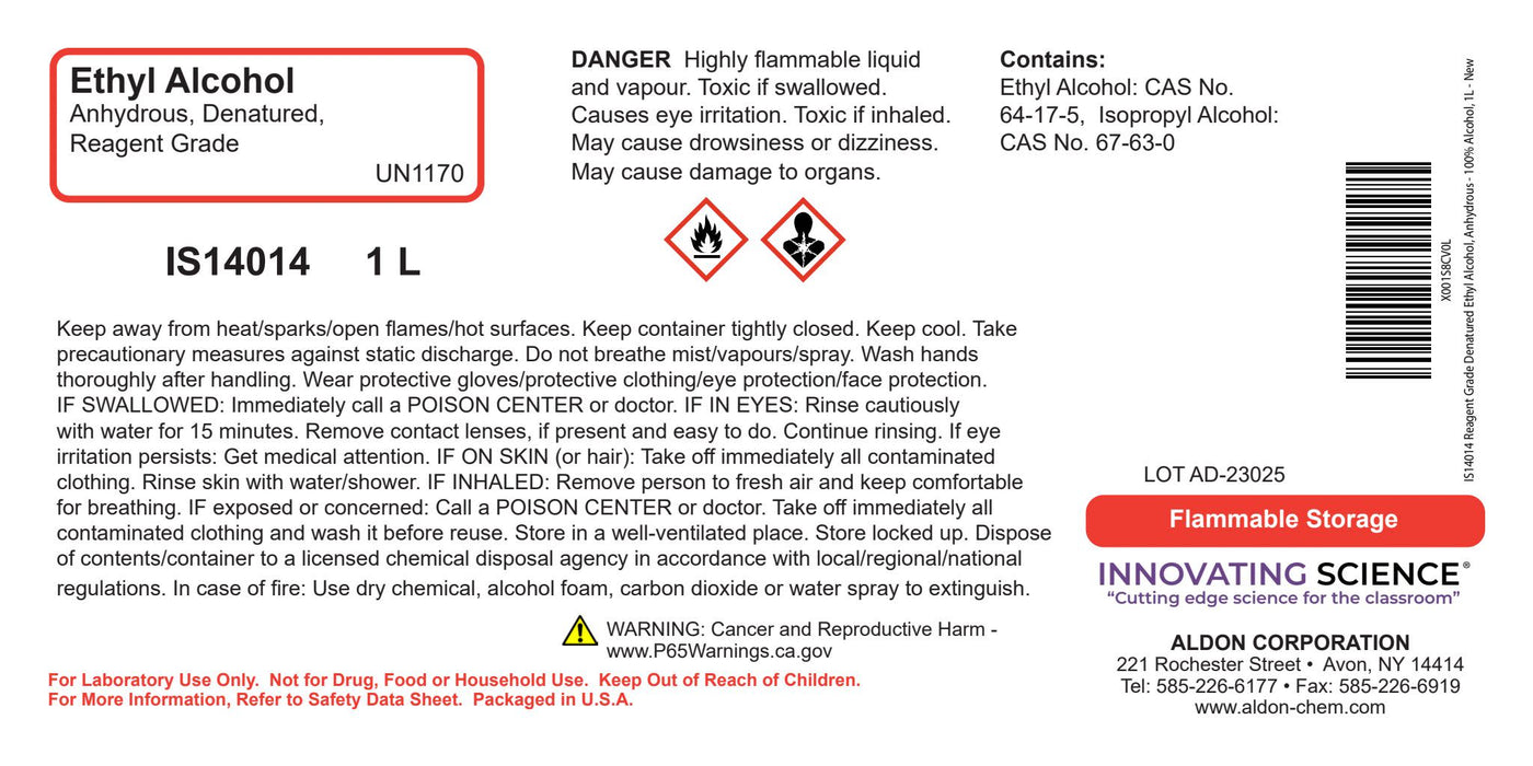 Denatured Ethyl Alcohol, 1000mL - Anhydrous - Reagent-Grade - The Curated Chemical Collection