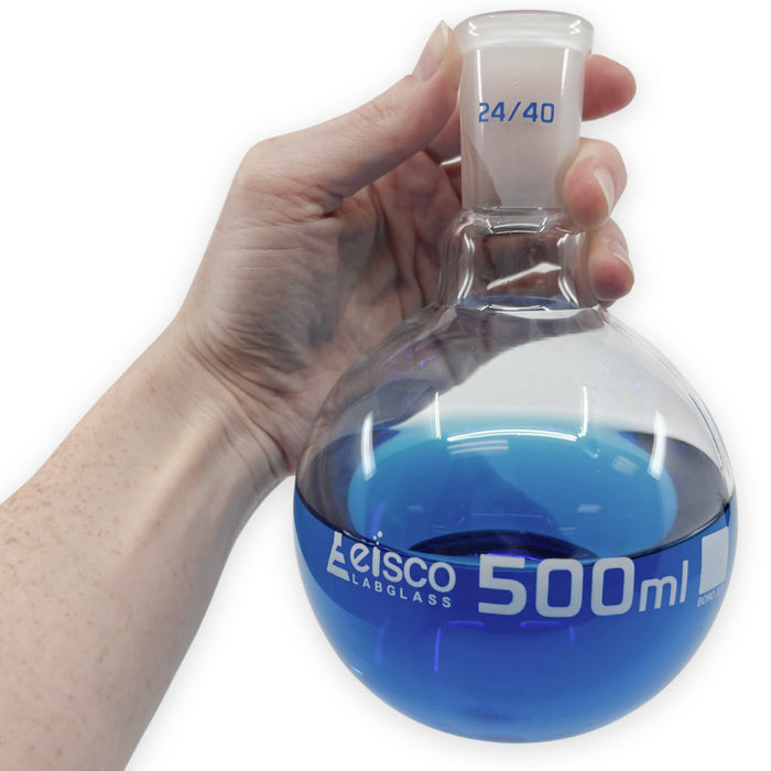 Eisco Labs - 500 mL Flat Bottom Boiling Flask with 24/40 Ground Joint, Borosilicate Glass, Ideal for Organic Chemistry, Heating, Distillation, Reflux, Extractions, and Solution Preparation in Laboratories