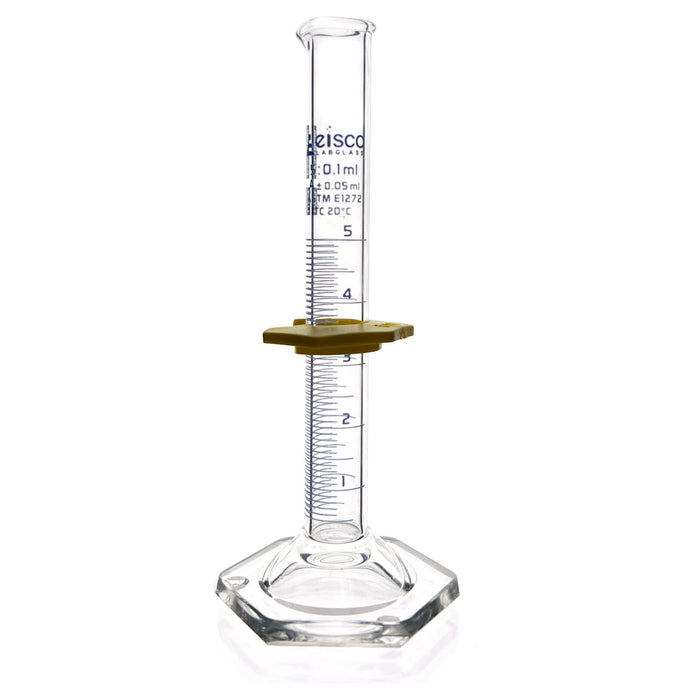 Eisco Labs - Graduated Cylinder, 5mL - ASTM, Class A - Tolerance ±0.05mL - Protective Collar, Hexagonal Base - Blue Graduations - with Individual Work Certificate - Borosilicate 3.3 Glass
