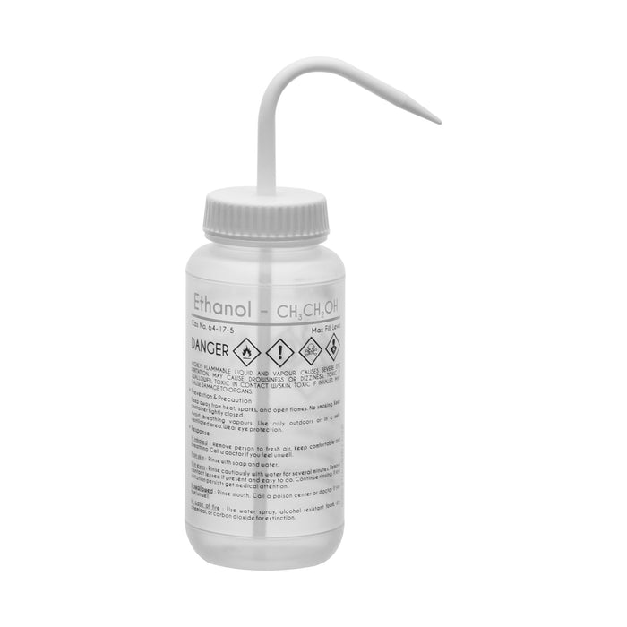 Wash Bottle for Ethanol, 500ml - Labeled with Color Coded Chemical & Safety Information (2 Color)  - Wide Mouth, Self Venting, Low Density Polyethylene - Eisco Labs