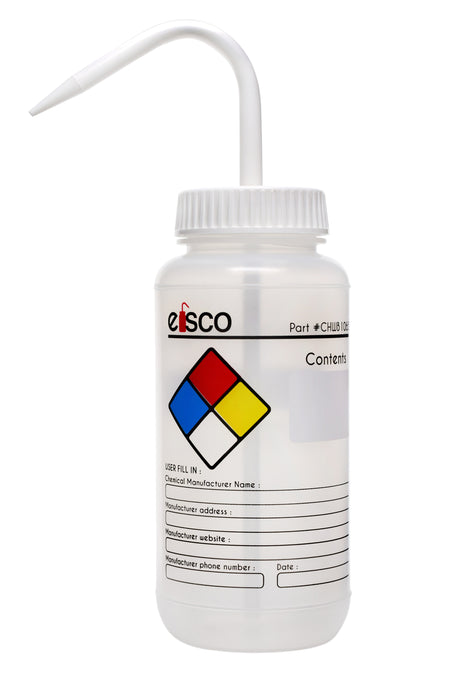 Chemical Wash Bottle, Blank Labels, 500mL - Wide Mouth, Self Venting, Low Density Polyethylene - 4 Colors - Performance Plastics by Eisco Labs