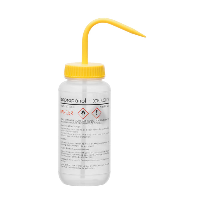 Wash Bottle for Isopropanol, 500ml - Labeled with Color Coded Chemical & Safety Information (4 Colors) - Wide Mouth, Self Venting, Low Density Polyethylene - Eisco Labs