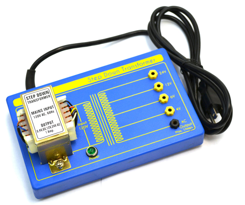 Step Down Transformer Demonstration with Wall Plug - Output 4, 6, 12, or 24V at 1 Amp (AC) - 4mm Connection