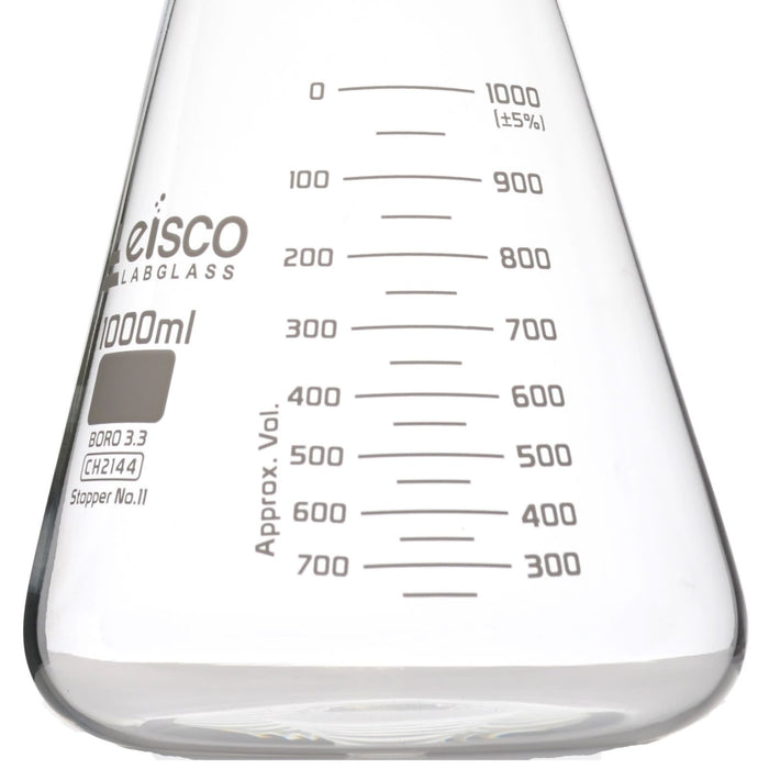Erlenmeyer Flask, 1000mL - Wide Neck - ASTM, Dual Graduated Scale - Borosilicate Glass - Wide Neck Flasks, Conical Flasks, Glass Flasks - Eisco Labs