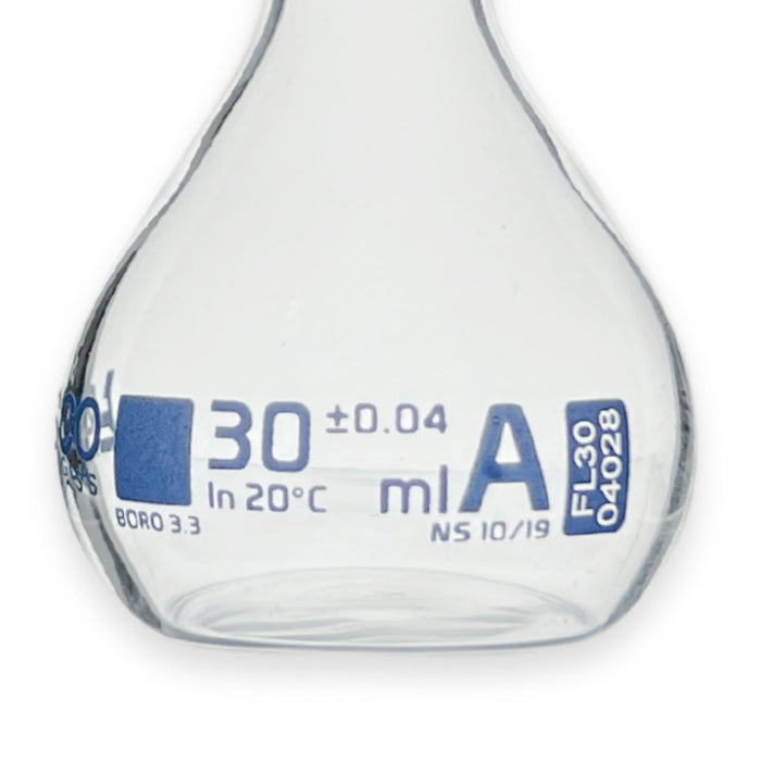 Eisco Labs - 30mL Class A Volumetric Flask, NS 10/19 Stopper, Polyethylene Stopper, Borosilicate Glass, with Individual Work Certificate for Analytical Chemistry, Pharmaceutical, and Lab Use