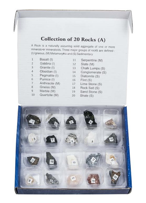 Set of 20 rocks, Igneous, Metamorphic, Sedimentary, supplied in laminated diecut box