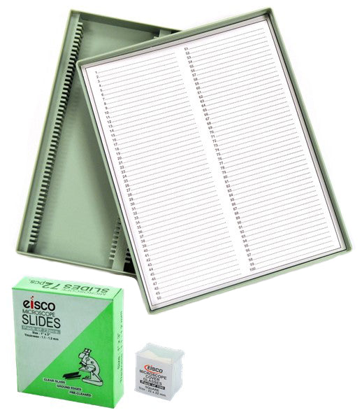 Slide Kit with 72 Pre-Cleaned Plain Microscope Slides, 22 x 22mm Glass Cover Slips and Durable 100 Slot Microscope Slide Storage Container