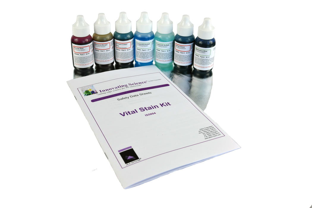 Innovating Science Microscope Stains Vital Stain Kit - 7 Bottle Set, 6 Different Stains, includes Plain Microscope Slides, Cover Slip and Slide Storage Container