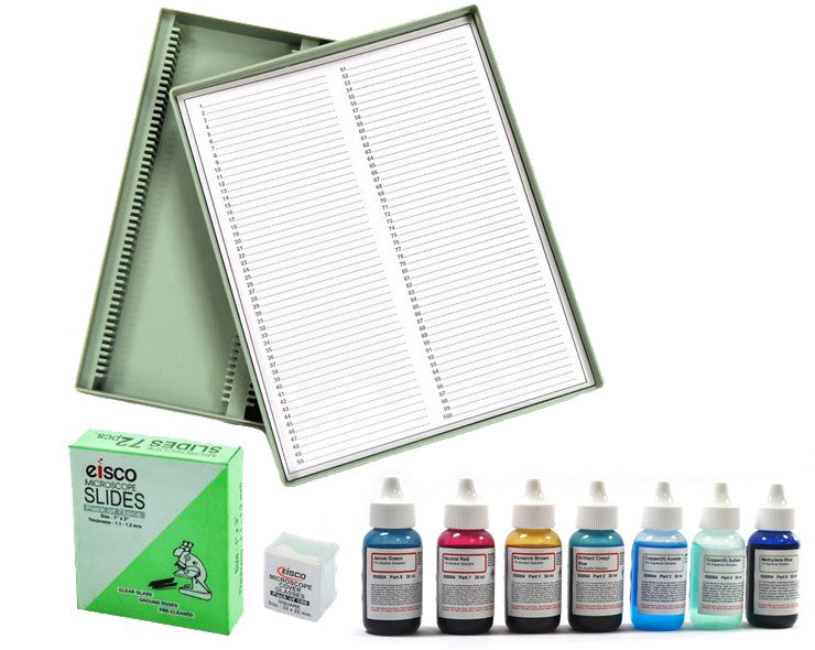 Innovating Science Microscope Stains Vital Stain Kit - 7 Bottle Set, 6 Different Stains, includes Plain Microscope Slides, Cover Slip and Slide Storage Container