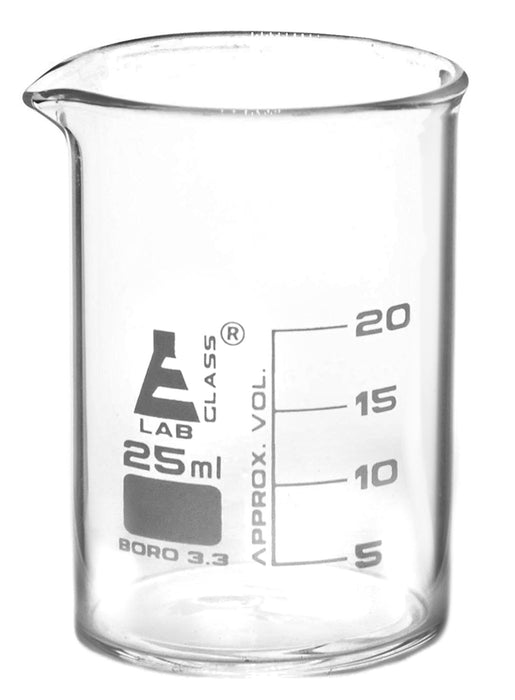 12PK Beakers, 25ml - Low Form - Graduated - Borosilicate Glass