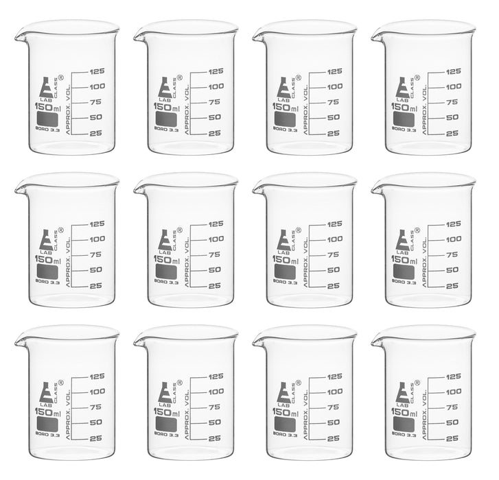 12PK Beakers, 150ml - Low Form - Graduated - Borosilicate Glass