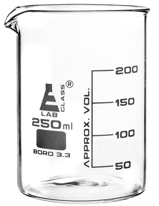 12PK Beakers, 250ml - Low Form - Graduated - Borosilicate Glass
