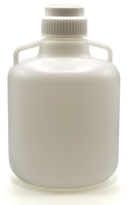 10 Liter (2.6 Gallon) Carboy Jug with Gasket Cap, White Premium Polypropylene with 2 Handles, 15" H - 10" D with 2 5/8" Opening - Eisco Labs