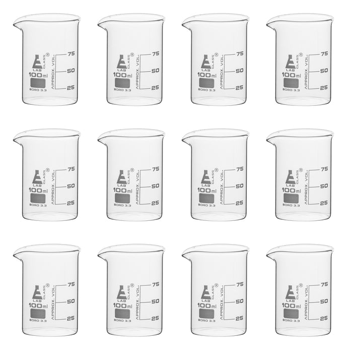 12PK Beakers, 100ml - Low Form - Graduated - Borosilicate Glass