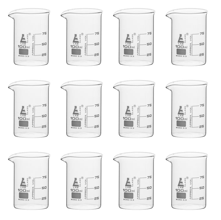 12PK Beakers, 100ml - Low Form - Graduated - Borosilicate Glass