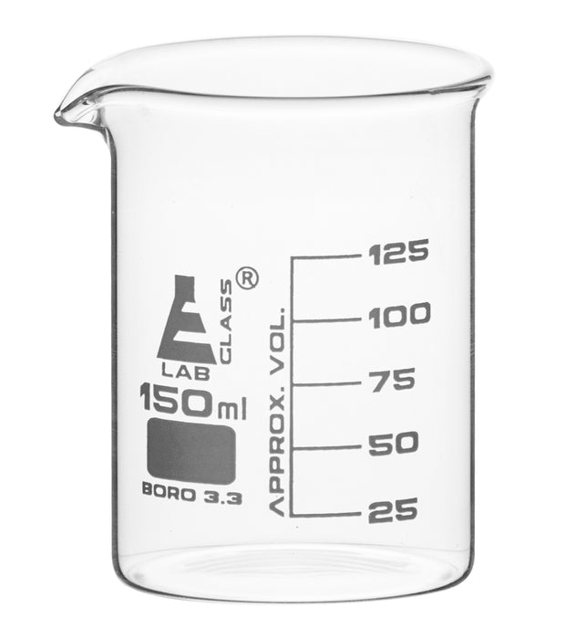 12PK Beakers, 150ml - Low Form - Graduated - Borosilicate Glass