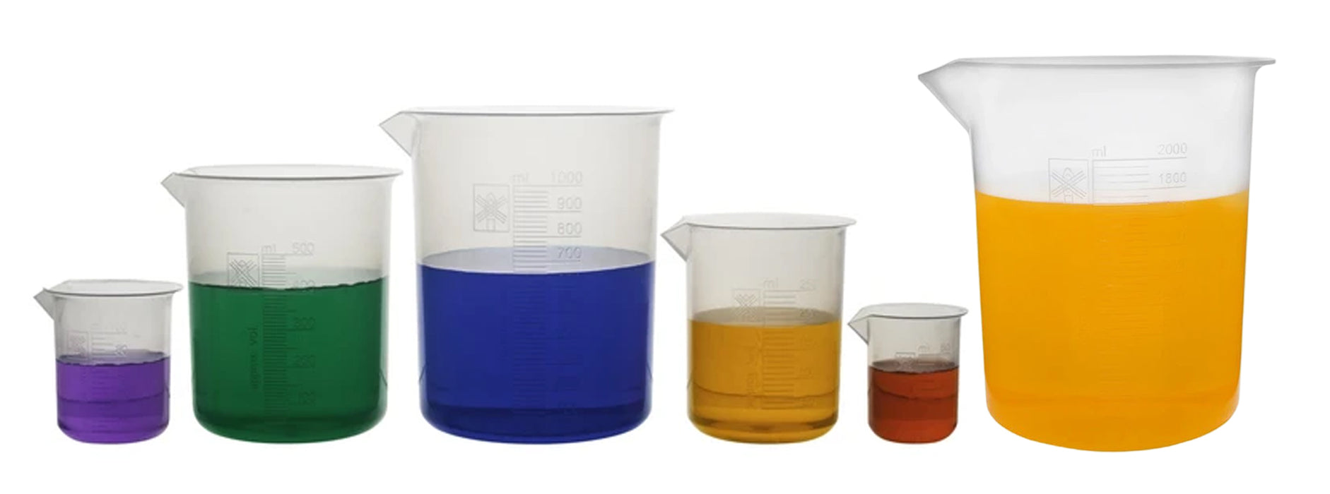 6 Piece Beaker Set, Polypropylene - 50ml, 100ml, 250ml, 500ml, 1000ml & 2000ml - Raised Graduations - With Spout