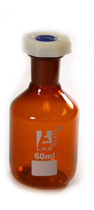 Bottle Reagent, Amber color, narrow mouth with acid proof polypropylene stopper 60ml., socket size 14/23