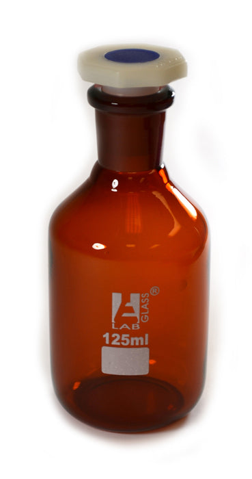 Reagent Bottle, 125mL - Amber - With Acid-Proof Polypropylene Stopper - Borosilicate Glass