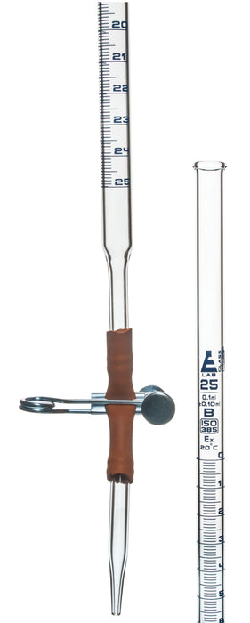 Burette, 25ml - Class B, DIN ISO 385, Borosilicate Glass with Rubber Tube and Pinch Clip, 0.10ml Graduations - Eisco Labs