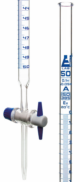 Burette, 50mL - Class A - With PTFE Stopcock - Blue Graduations - Borosilicate Glass
