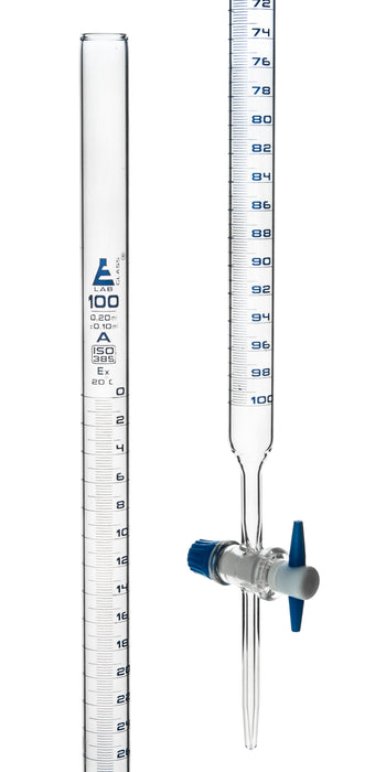 Burettes with straight bore interchangeable PTFE key stopcock, capacity 100ml, Sub. Div. 0.20ml Tolerance ?? 0.10ml, class 'A'
