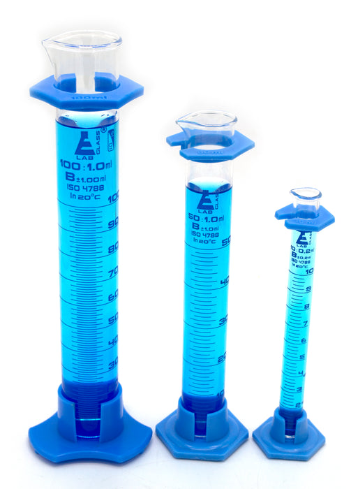 Graduated Cylinder Set - Class B - 10mL, 50mL & 100mL - Detachable, Plastic Hexagonal Bases & Protective Collars - Blue Graduations - Borosilicate Glass