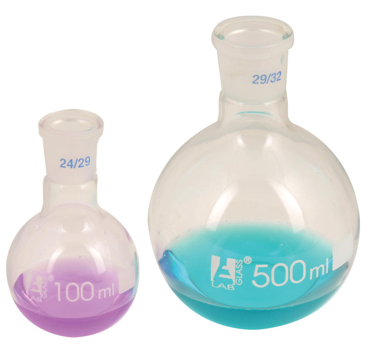 Flask Boiling with joint, flat bottom, short neck, interchangeable joint 100ml, socket size 24/29, borosilicate glass