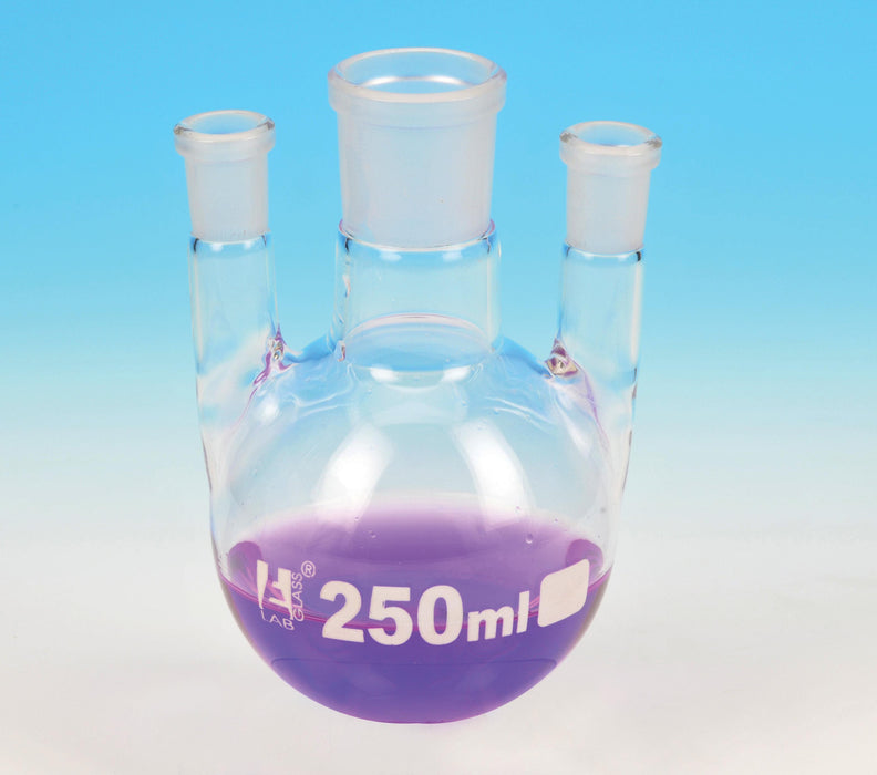 Flask Distilling round bottom, cap. 250ml, borosilicate glass, three neck parallel, center socket 24/29, side socket 19/26