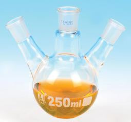 Flask Distilling round bottom, cap. 250ml, borosilicate glass, three neck at angle, center socket 24/29, side socket 14/23