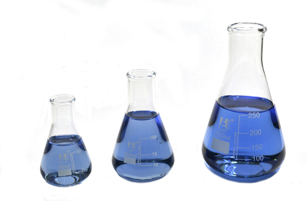 Eisco Labs Borosilicate Glass Erlenmeyer Narrow Neck Flask - Set 50ml, 100ml, 250ml