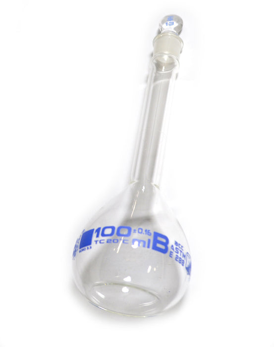 Eisco Labs Volumetric Flask with Glass Stopper - Class B - 100mL - Borosilicate Glass
